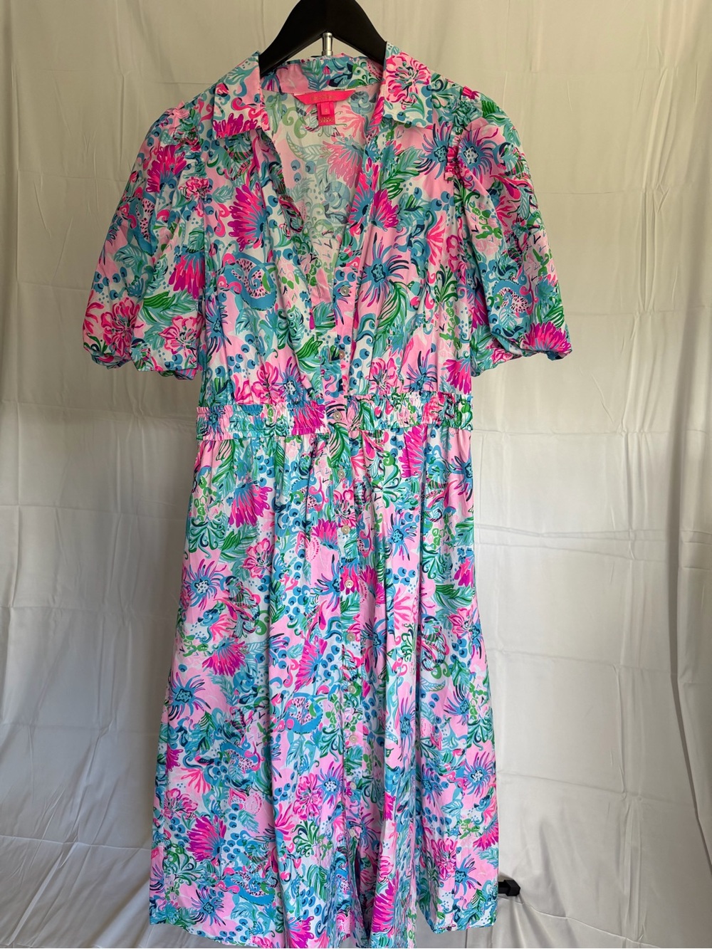 Lilly Pulitzer Pink, Green & Blue Floral Puff-Sleeve Midi Dress